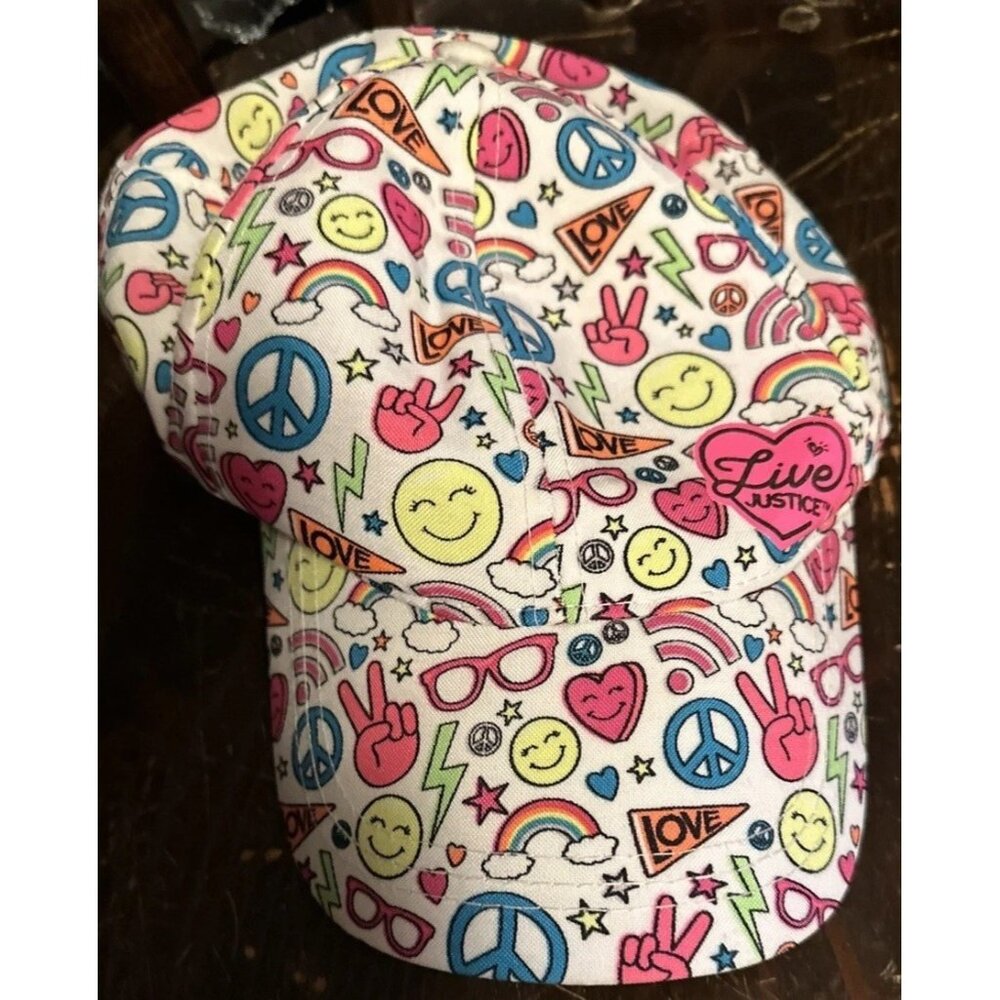 GIRLS JUSTICE BASEBALL CAP HAT ONE SIZE WHITE NEON EMOJI